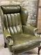 Green Leather Chesterfield Wing Backed Armchair Fireside Chair