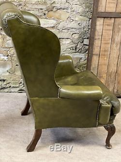 Green LEATHER CHESTERFIELD Wing backed Armchair Fireside Chair