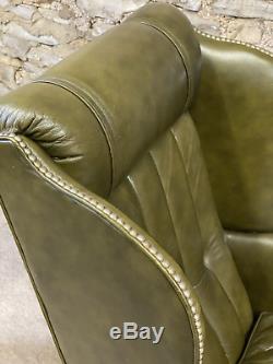 Green LEATHER CHESTERFIELD Wing backed Armchair Fireside Chair
