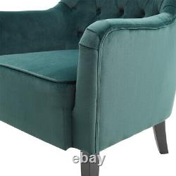 Green Velvet Armchair Wing Back Chair Deep Button Fireside Lounge Sofa Wood Legs