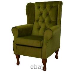 Green Velvet Buttoned Armchair Wingback Fireside Chair in Malta Grass Fabric