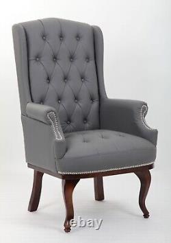Grey Accent PU Leather Armchair Chair Chesterfield High Back Wing Fireside