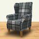 Grey Check Wingback Armchair Fireside Accent Handmade In Sophie Zinc Fabric