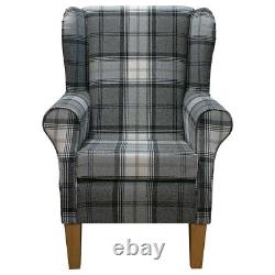 Grey Check Wingback Armchair Fireside Accent Handmade in Sophie Zinc Fabric