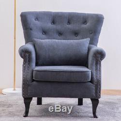 Grey Chesterfield Wing Back Armchair Queen Anne High Back Fireside Winged Chair
