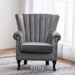 Grey Chesterfield Wing Back Armchair Queen Anne High Back Fireside Winged Chair