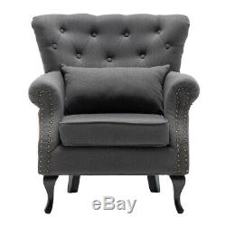 Grey Chesterfield Wing Back Scalloped Button Armchair Chair Lounge Sofa Fireside