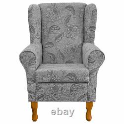 Grey Floral Wingback Armchair Fireside Chair in Traditional Maida Vale Fabric