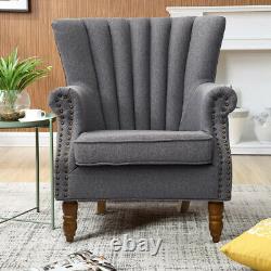 Grey Linen Accent Tub Chair High Wing Back Fireside Armchair Padded Seat Sofa UK
