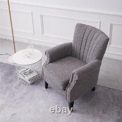 Grey Linen Armchair Scallop Wing Back Fireside Lounge Accent Chair Sofa Studded