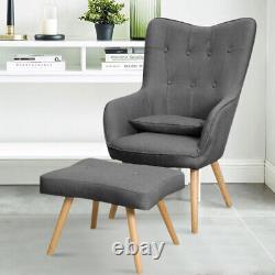 Grey Linen Armchair and Footstool Set Fireside Lounge Single Sofa Footrest Stool