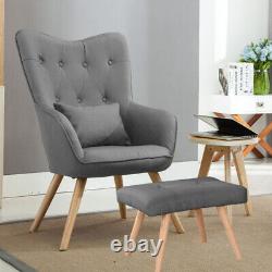 Grey Linen Armchair and Footstool Set Fireside Lounge Single Sofa Footrest Stool