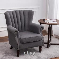 Grey Linen Fabric Fireside Chair Armchair 7 Fluted Wing Back Cushioned Sofa Seat