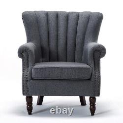 Grey Linen Fabric Fireside Chair Armchair 7 Fluted Wing Back Cushioned Sofa Seat