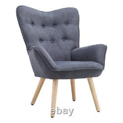 Grey Linen Upholstered Armchair Wing Back Fireside Sofa Accent Chair Living Room