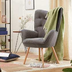 Grey Linen Upholstered Armchair Wing Back Fireside Sofa Accent Chair Living Room