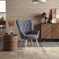 Grey Linen Upholstered Armchair Wing Back Fireside Sofa Accent Chair Living Room