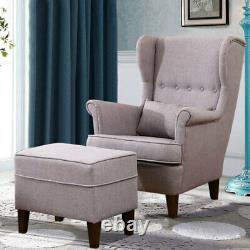 Grey Recliner Lounge Armchair Wingback Fabric Sofa Chair and Footstool Fireside