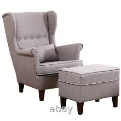 Grey Recliner Lounge Armchair Wingback Fabric Sofa Chair and Footstool Fireside