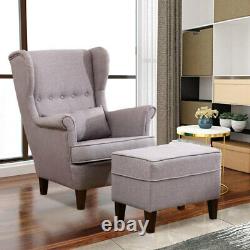 Grey Recliner Lounge Armchair Wingback Fabric Sofa Chair and Footstool Fireside