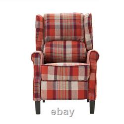 Grey Red Push Back Recliner Armchair Wing Back Fireside Check Fabric Sofa Couch