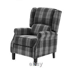 Grey Red Push Back Recliner Armchair Wing Back Fireside Check Fabric Sofa Couch