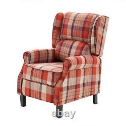 Grey Red Push Back Recliner Armchair Wing Back Fireside Check Fabric Sofa Couch