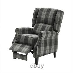 Grey Red Push Back Recliner Armchair Wing Back Fireside Check Fabric Sofa Couch