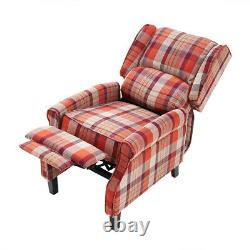 Grey Red Push Back Recliner Armchair Wing Back Fireside Check Fabric Sofa Couch