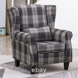 Grey Tartan Fabric Chesterfied Sofa Chair Wing Back Fireside Bedroom Armchair