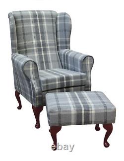 Grey Tartan Fireside Armchair Wingback Chair & Stool Balmoral Dove Fabric