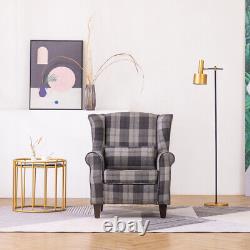 Grey Tartan High Wing Back Armchair Tartan Fabric Chair Fireside Seat UK