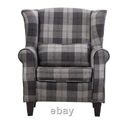 Grey Tartan High Wing Back Armchair Tartan Fabric Chair Fireside Seat UK