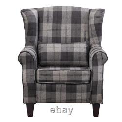 Grey Tartan High Wing Back Armchair Tartan Fabric Chair Fireside Seat UK