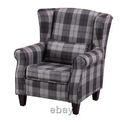 Grey Tartan High Wing Back Armchair Tartan Fabric Chair Fireside Seat UK