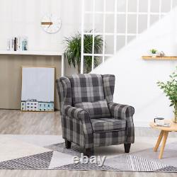 Grey Tartan High Wing Back Armchair Tartan Fabric Chair Fireside Seat UK