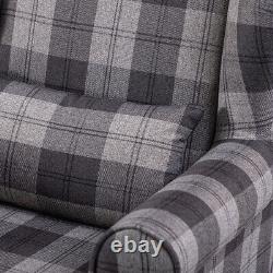 Grey Tartan High Wing Back Armchair Tartan Fabric Chair Fireside Seat UK