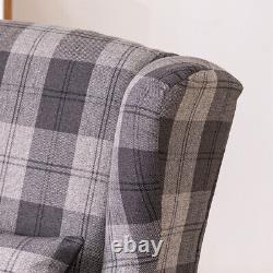 Grey Tartan High Wing Back Armchair Tartan Fabric Chair Fireside Seat UK