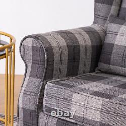 Grey Tartan High Wing Back Armchair Tartan Fabric Chair Fireside Seat UK