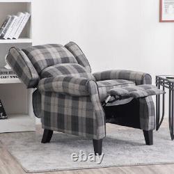 Grey Tartan Linen Recliner Chair Single Sofa Wing Back Fireside Bedroom Armchair