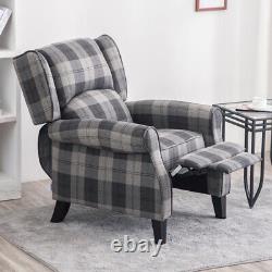 Grey Tartan Linen Recliner Chair Single Sofa Wing Back Fireside Bedroom Armchair