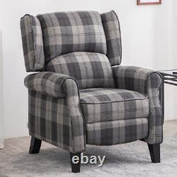 Grey Tartan Linen Recliner Chair Single Sofa Wing Back Fireside Bedroom Armchair