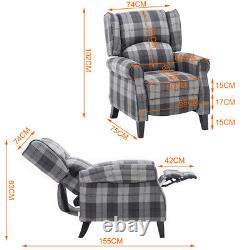 Grey Tartan Linen Recliner Chair Single Sofa Wing Back Fireside Bedroom Armchair