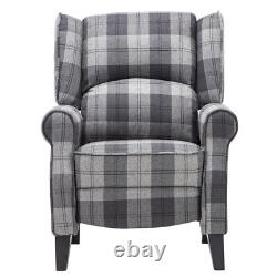 Grey Tartan Linen Recliner Chair Single Sofa Wing Back Fireside Bedroom Armchair