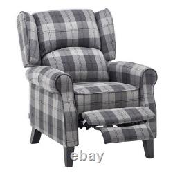 Grey Tartan Linen Recliner Chair Single Sofa Wing Back Fireside Bedroom Armchair