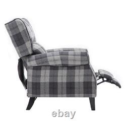 Grey Tartan Linen Recliner Chair Single Sofa Wing Back Fireside Bedroom Armchair