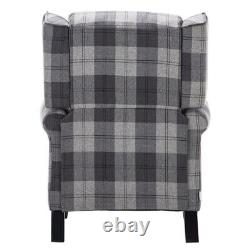 Grey Tartan Linen Recliner Chair Single Sofa Wing Back Fireside Bedroom Armchair