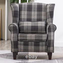 Grey Tartan Occasional Chair Armchair Accent Chair Wing Back Fireside Sofa Seat