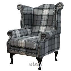 Grey Tartan Wing Back Armchair Monk Large Fireside Chair Check Handmade Studded
