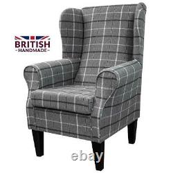 Grey Tartan Wingback Armchair Fireside Accent Handmade in Sophie Zinc Fabric